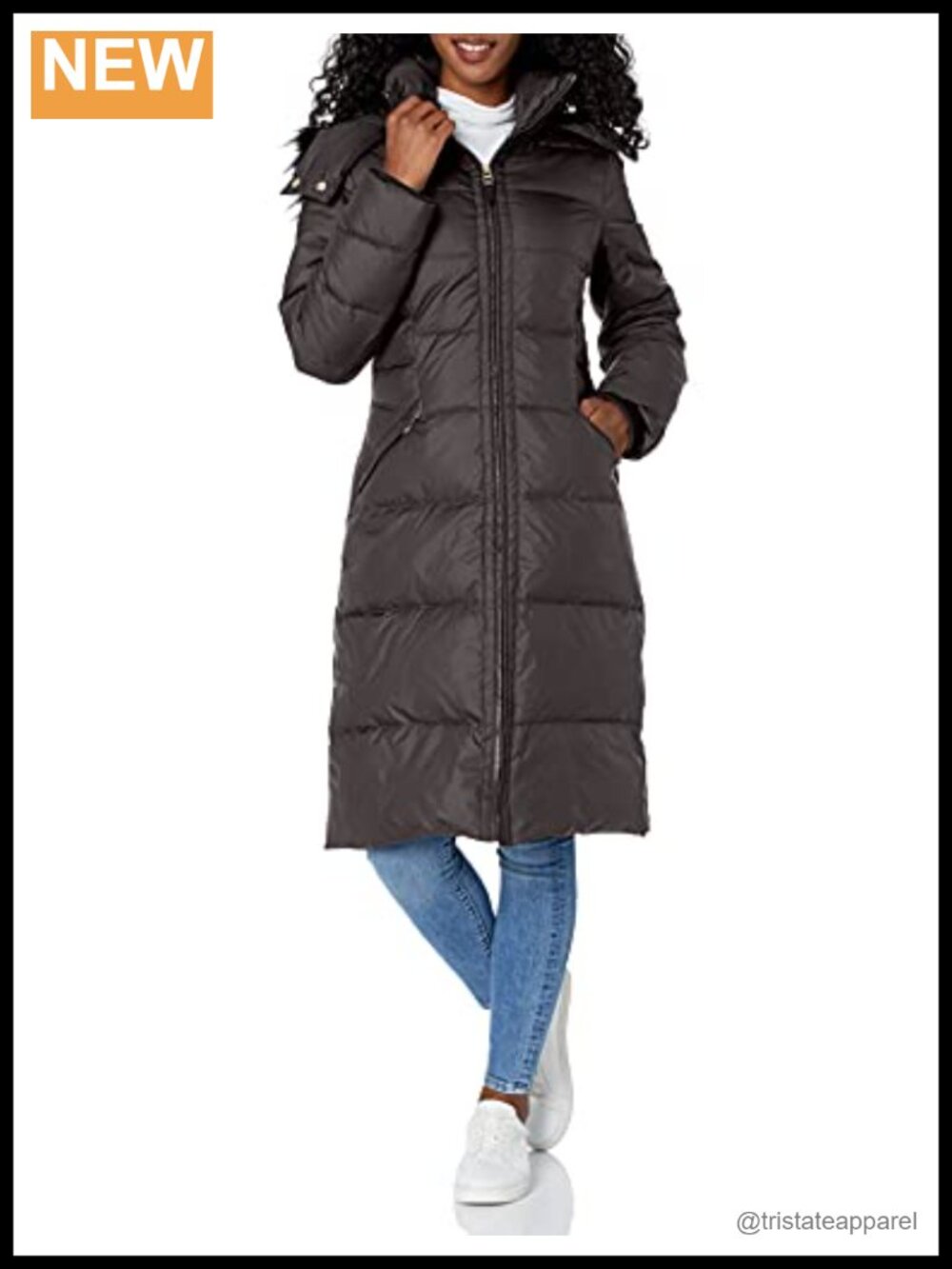 Cole Haan Women's Faux Fur Trim Hood Down Coat, Fitted, Removable Hood, Long